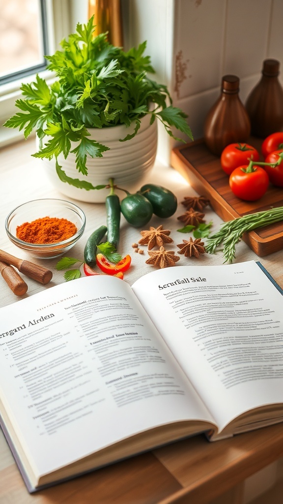 Inspirational Cooking Quotes A cozy kitchen scene with fresh ingredients and an open cookbook.